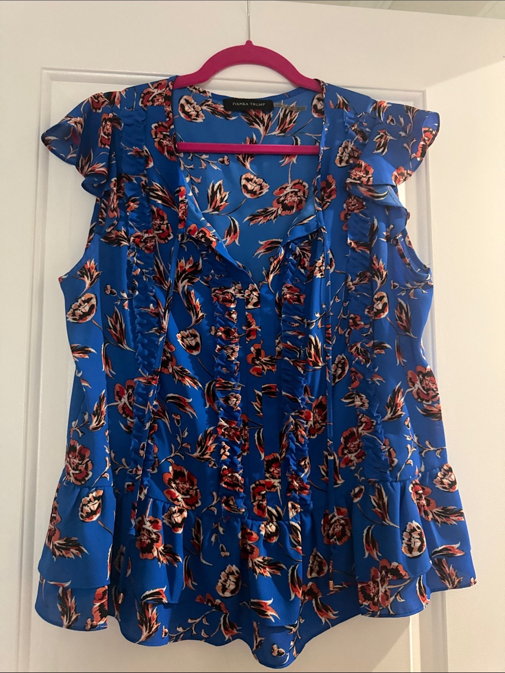 Ivanka Trump Royal Blue Floral Ruffle-Sleeve Blouse